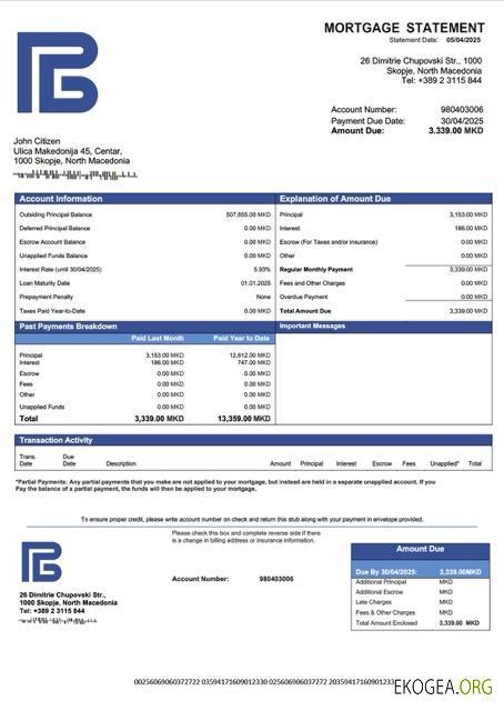 Modèle Word et PDF de relevé hypothécaire de la Banque de développement de la Macédoine du Nord de la Macédoine du Nord